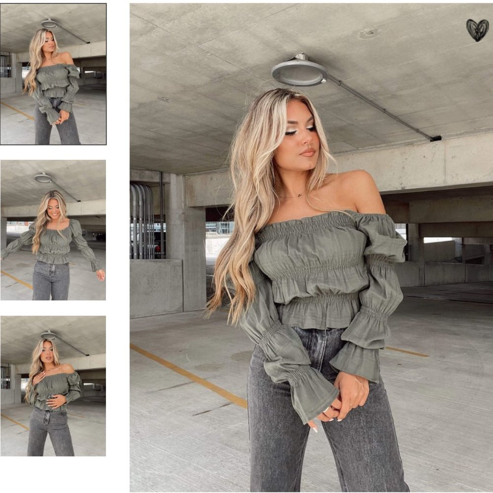 Off-Shoulder Ruffle Smocked Top in Olive Green